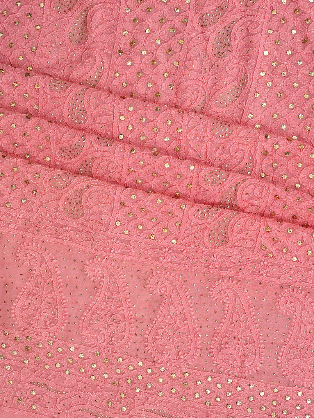 Ada Hand Embroidered Peach Viscose Georgette Lucknowi Chikankari Unstitched Kurta Dupatta With Muqasih/Mukaish Work 01A889836