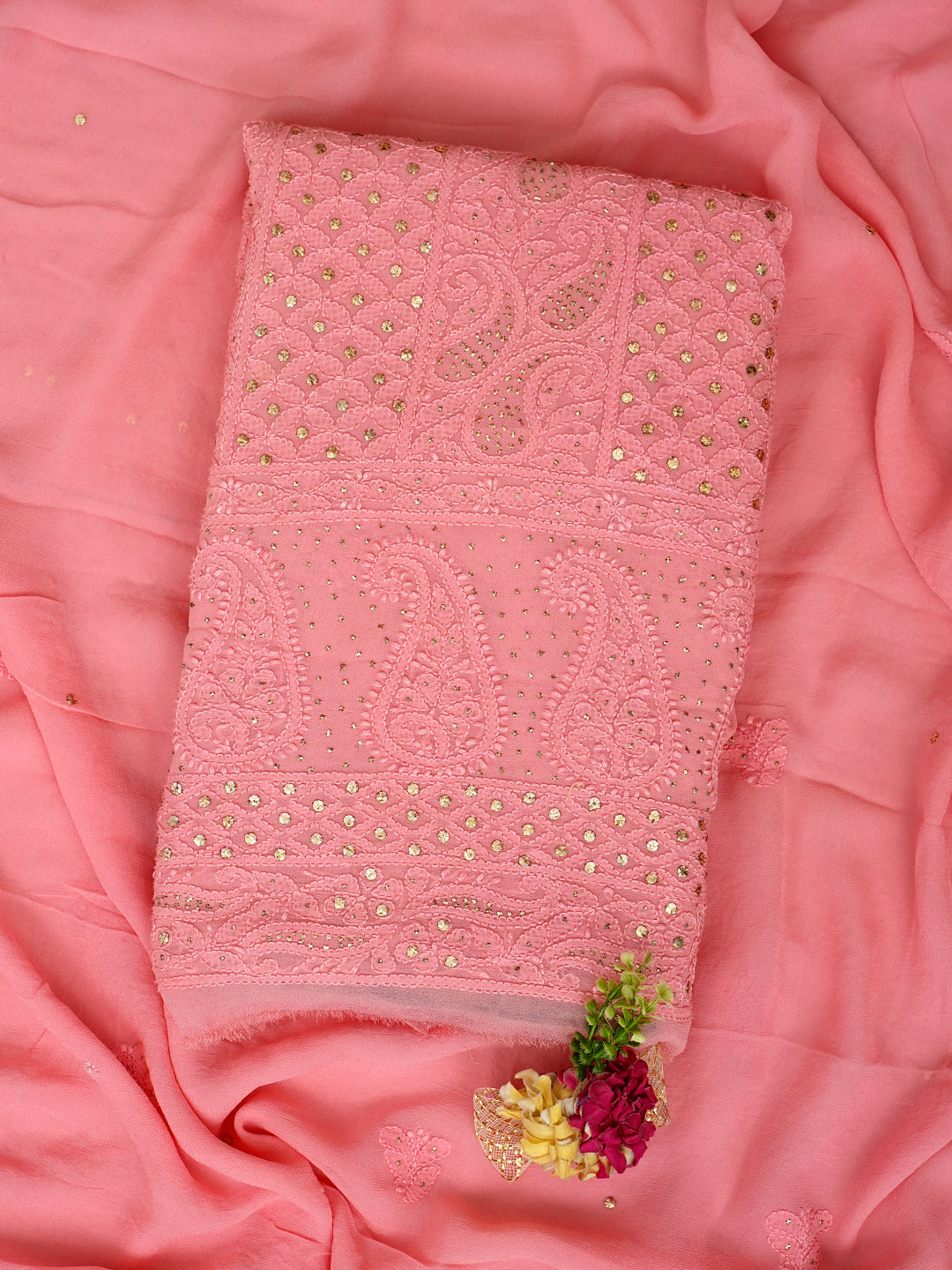 Ada Hand Embroidered Peach Viscose Georgette Lucknowi Chikankari Unstitched Kurta Dupatta With Muqasih/Mukaish Work 01A889836