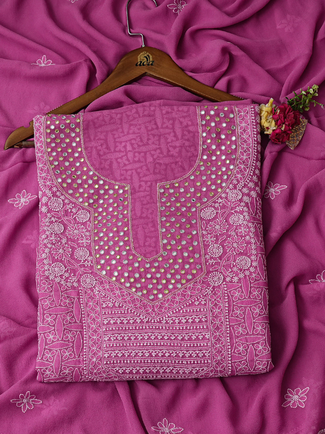 Ada Hand Embroidered Petal Pink Pure Georgette Lucknowi Chikankari Unstitched Kurta Dupatta Set With Zari Work A143560