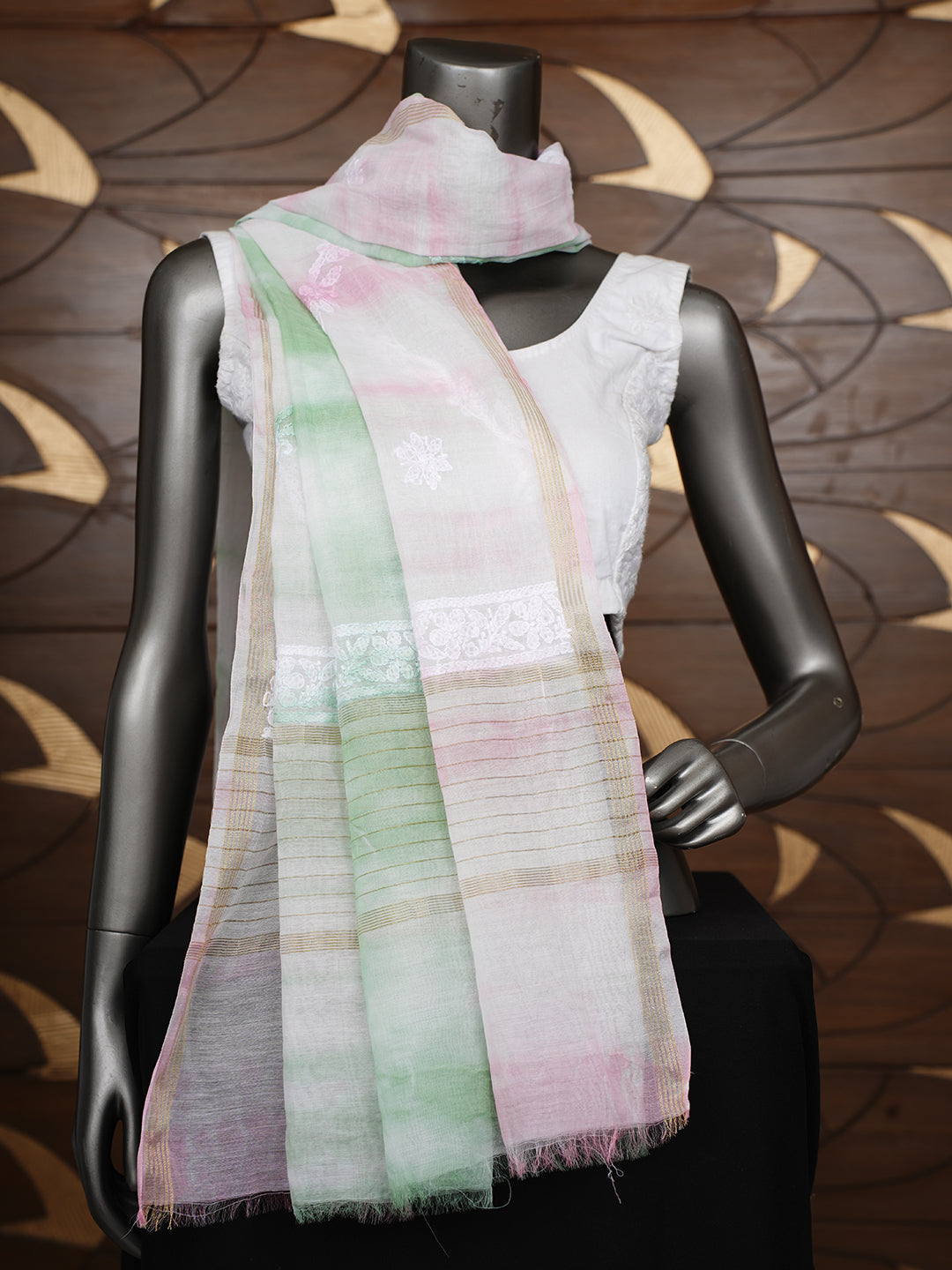 Ada Hand Embroidered Pink Chanderi Lucknowi Chikankari Dupatta 01A1010541_3