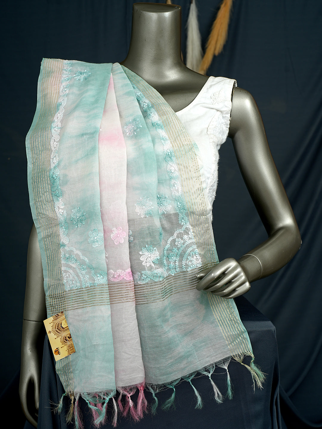 Ada Hand Embroidered Pink Chanderi Lucknowi Chikankari Dupatta 01A997870