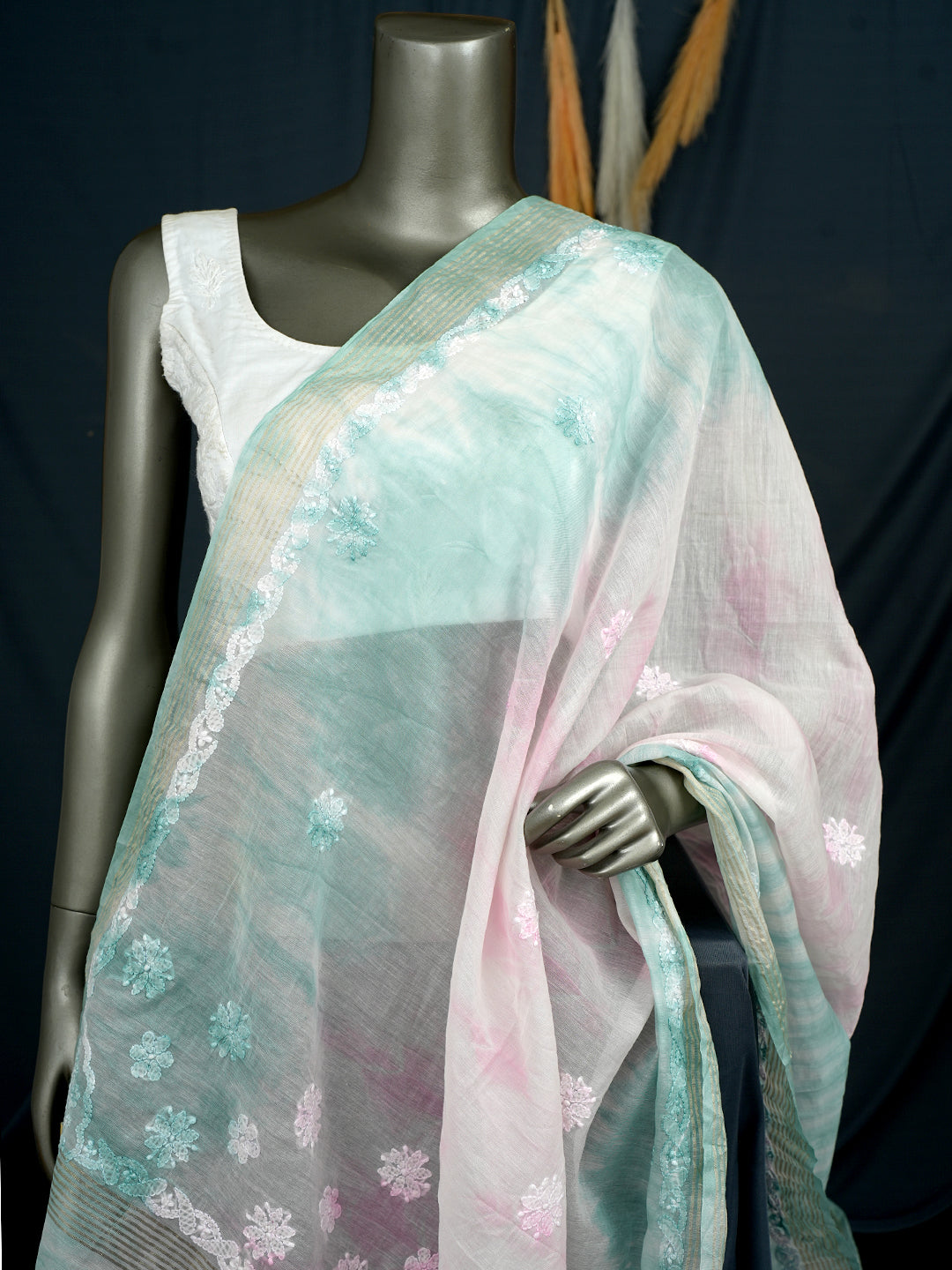 Ada Hand Embroidered Pink Chanderi Lucknowi Chikankari Dupatta 01A997870
