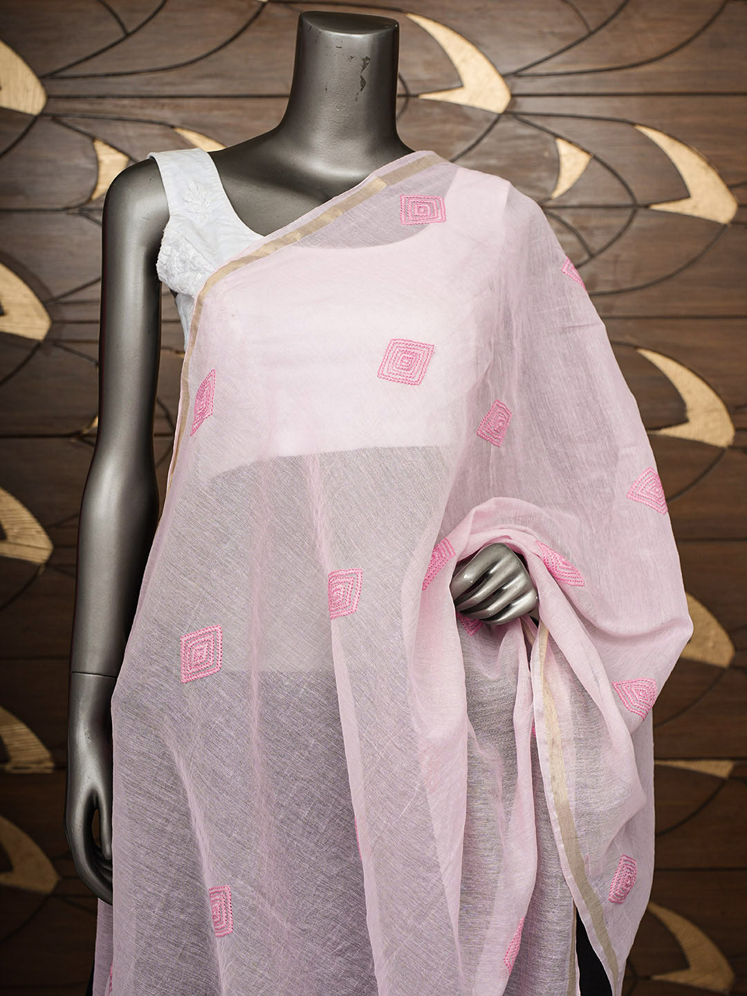 Ada Hand Embroidered Pink Chanderi Lucknowi Chikankari Dupatta 07A500615