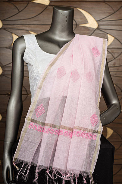 Ada Hand Embroidered Pink Chanderi Lucknowi Chikankari Dupatta 07A500615