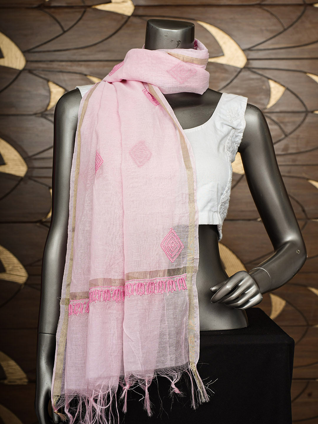 Ada Hand Embroidered Pink Chanderi Lucknowi Chikankari Dupatta 07A500615