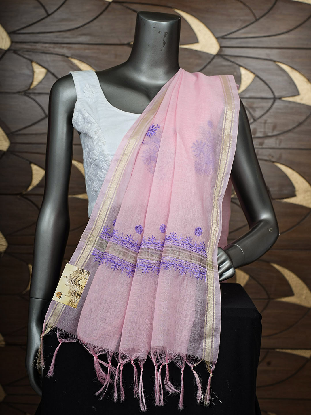 Ada Hand Embroidered Pink Chanderi Lucknowi Chikankari Dupatta 07A501166