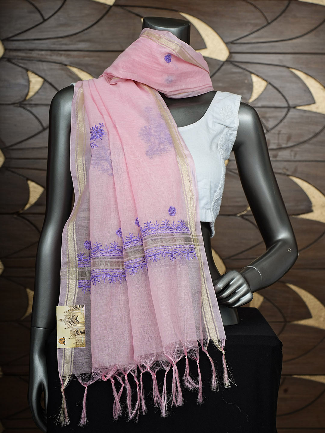 Ada Hand Embroidered Pink Chanderi Lucknowi Chikankari Dupatta 07A501166