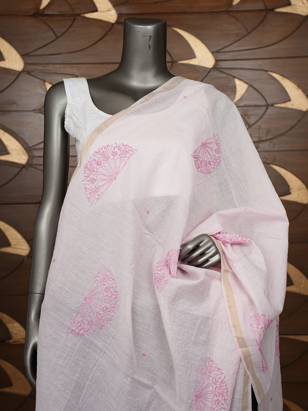 Ada Hand Embroidered Pink Chanderi Lucknowi Chikankari Dupatta 07A501194_2