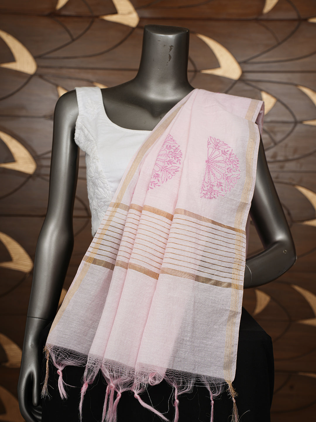 Ada Hand Embroidered Pink Chanderi Lucknowi Chikankari Dupatta 07A501194_1