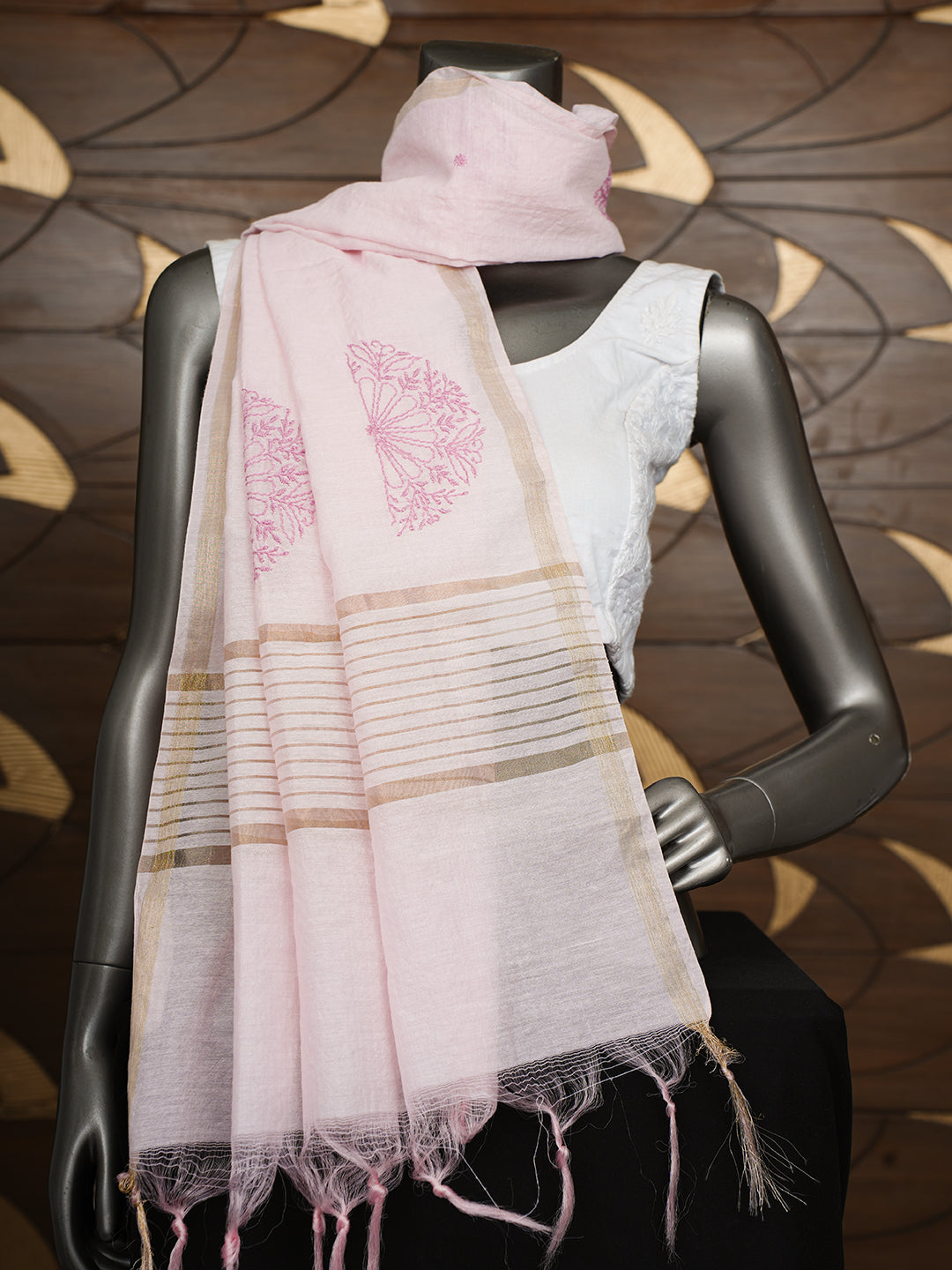 Ada Hand Embroidered Pink Chanderi Lucknowi Chikankari Dupatta 07A501194_3