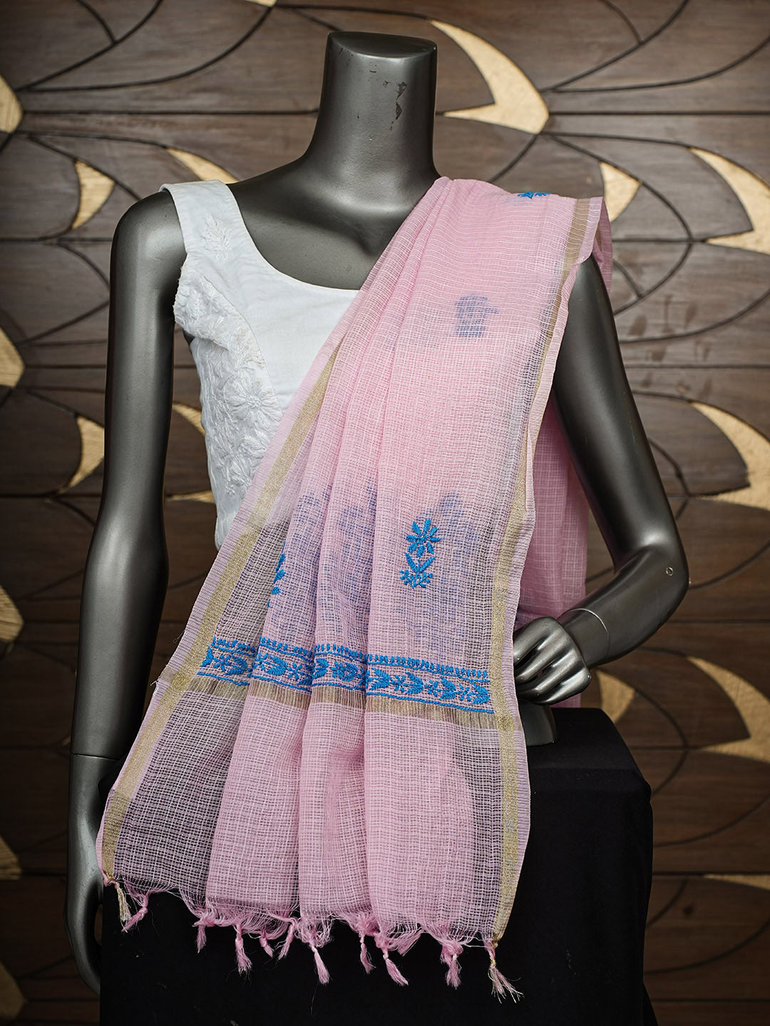 Ada Hand Embroidered Pink Chanderi Lucknowi Chikankari Dupatta 07A501215