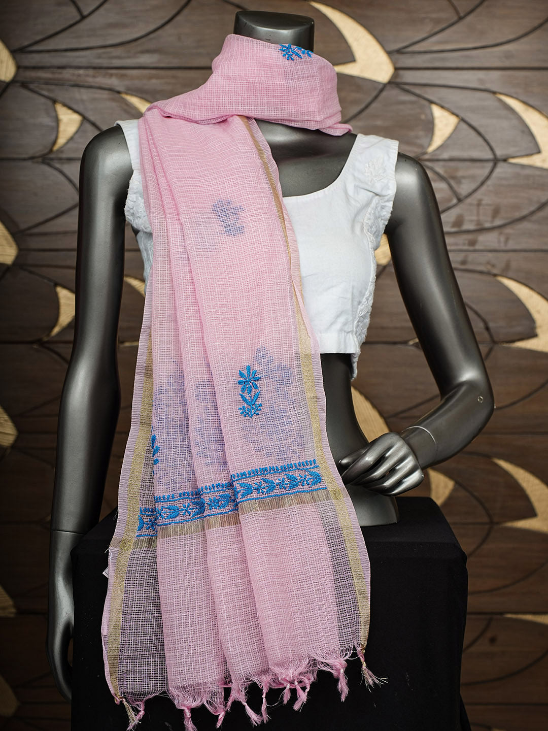 Ada Hand Embroidered Pink Chanderi Lucknowi Chikankari Dupatta 07A501215