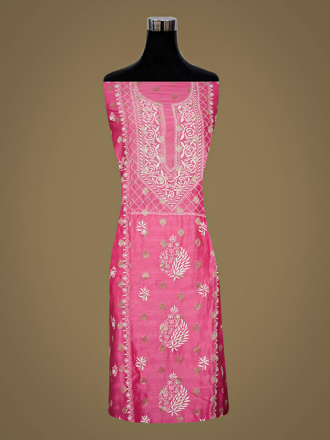 Ada Hand Embroidered Pink Chanderi Lucknowi Chikankari Semi-Stitched Kurta Dupatta Set 01A768738