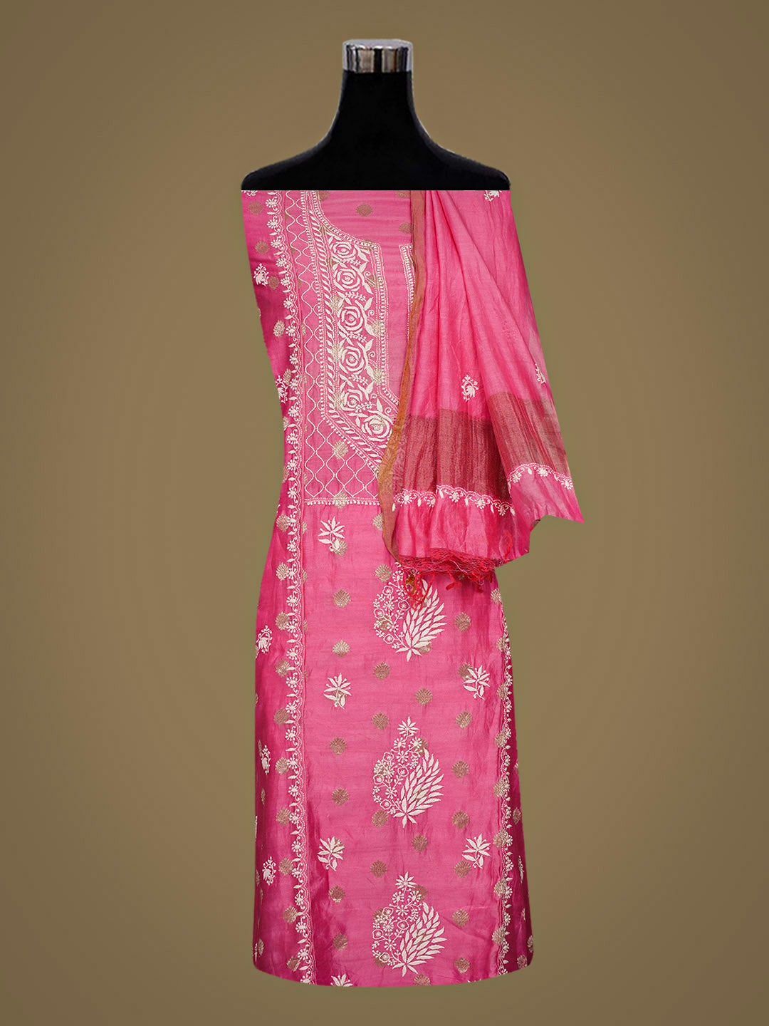Ada Hand Embroidered Pink Chanderi Lucknowi Chikankari Semi-Stitched Kurta Dupatta Set 01A768738