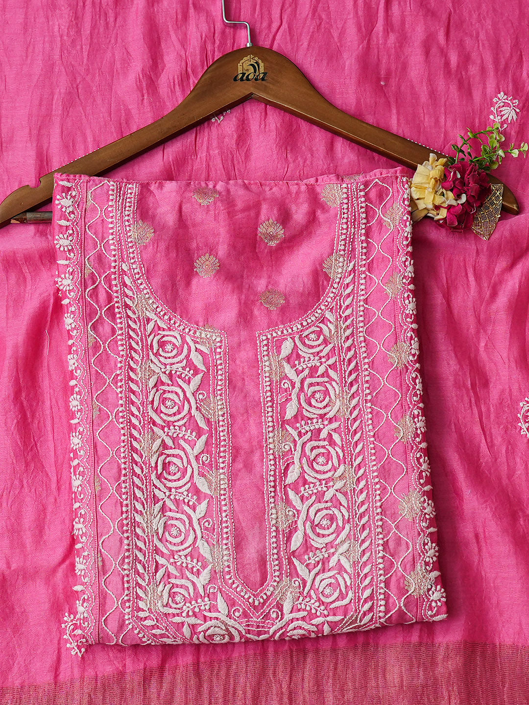 Ada Hand Embroidered Pink Chanderi Lucknowi Chikankari Semi-Stitched Kurta Dupatta Set 01A768738