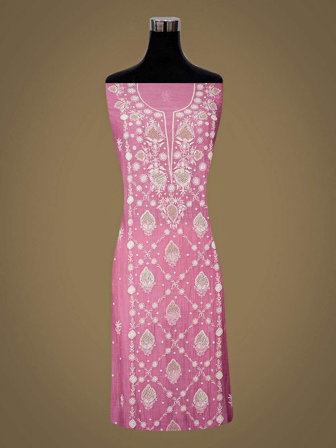 Ada Hand Embroidered Pink Chanderi Lucknowi Chikankari Semi-Stitched Kurta Dupatta Set With Pearl Work 01A357955
