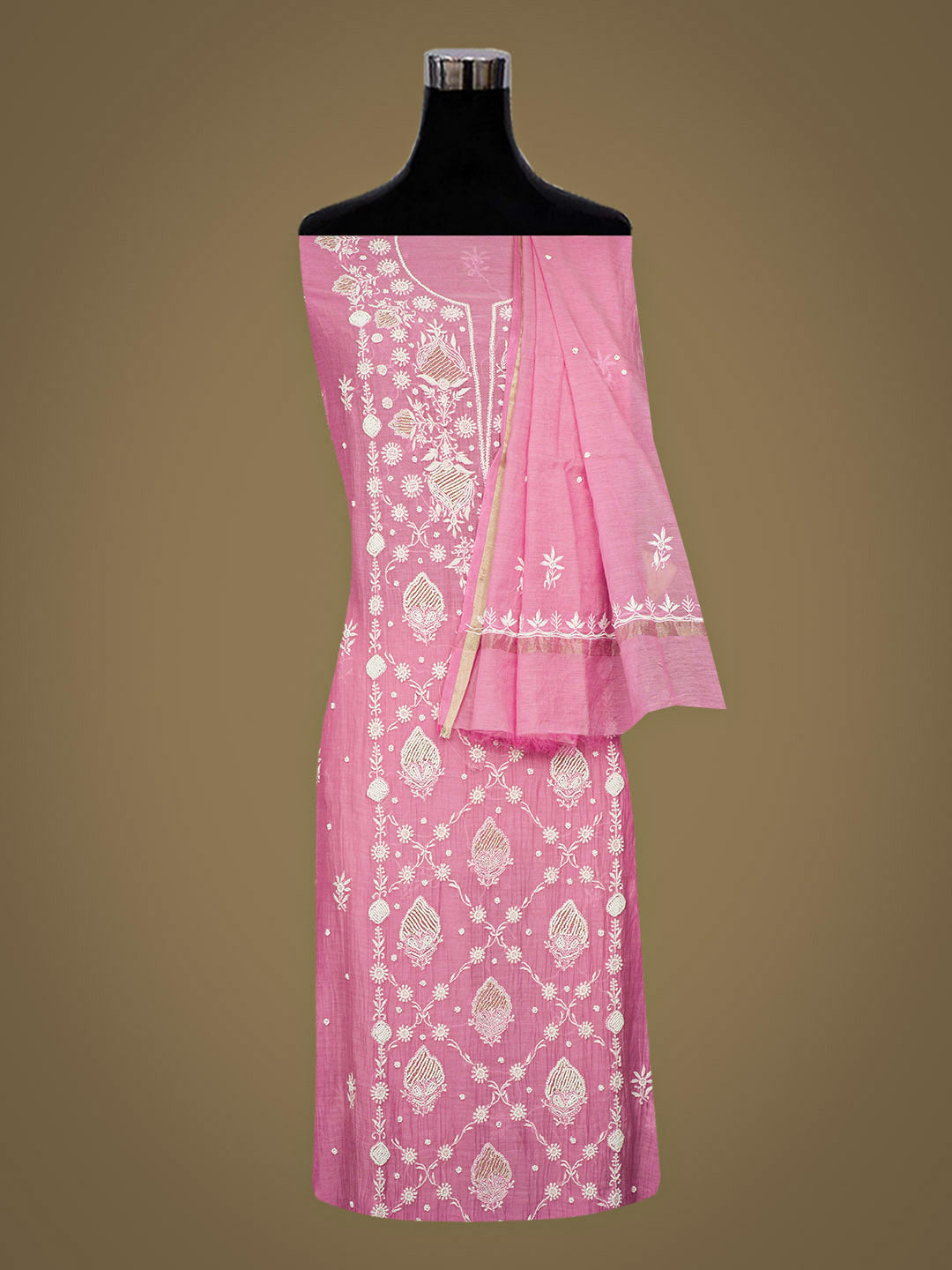 Ada Hand Embroidered Pink Chanderi Lucknowi Chikankari Semi-Stitched Kurta Dupatta Set With Pearl Work 01A357955