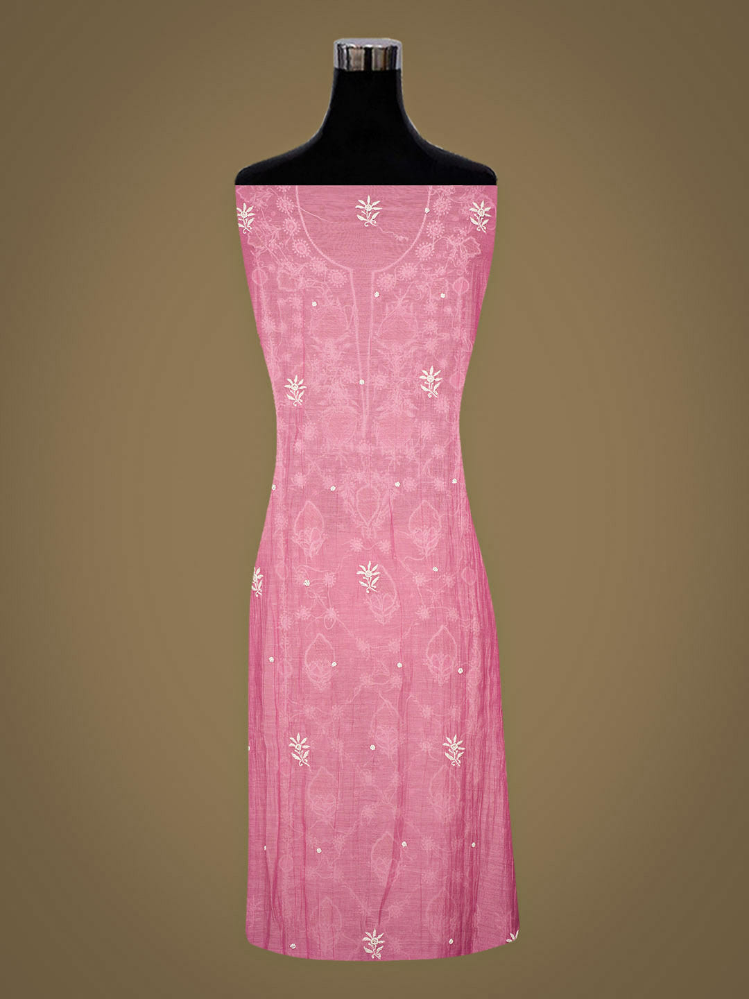 Ada Hand Embroidered Pink Chanderi Lucknowi Chikankari Semi-Stitched Kurta Dupatta Set With Pearl Work 01A357955