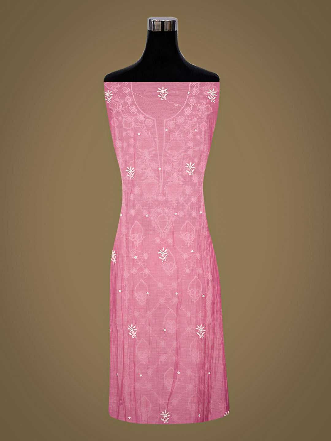Ada Hand Embroidered Pink Chanderi Lucknowi Chikankari Semi-Stitched Kurta Dupatta Set With Pearl Work 01A357955