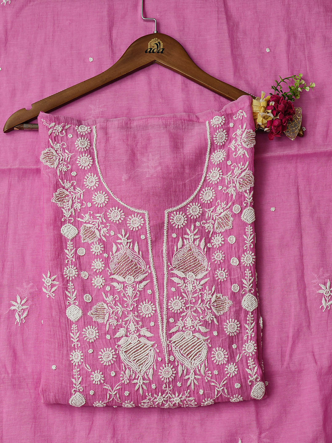Ada Hand Embroidered Pink Chanderi Lucknowi Chikankari Semi-Stitched Kurta Dupatta Set With Pearl Work 01A357955