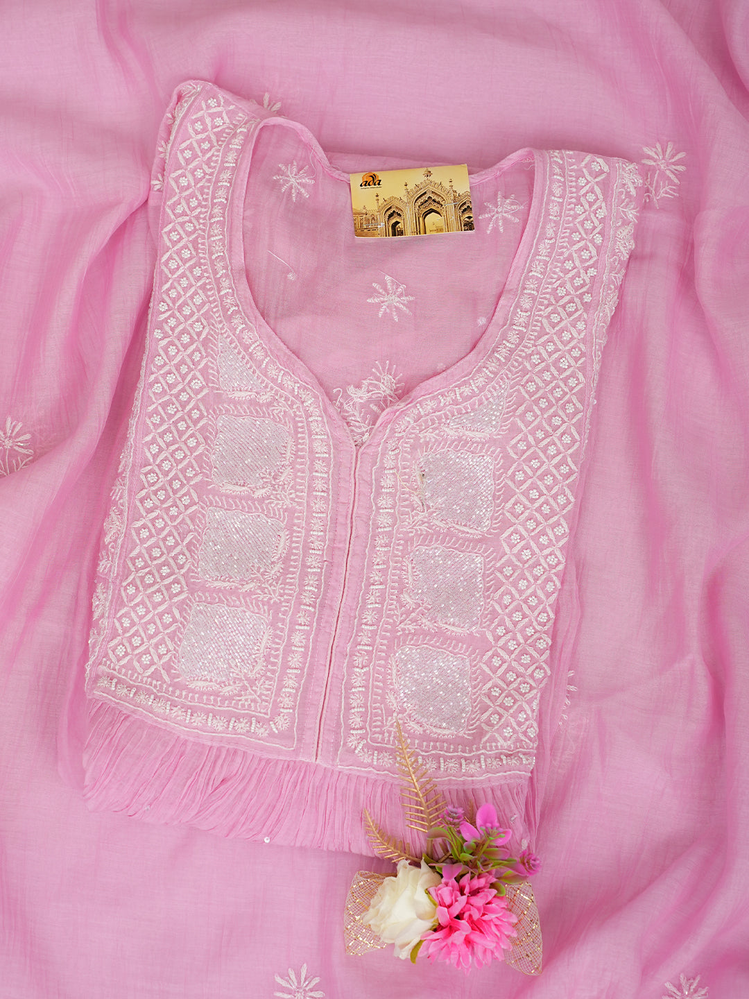 Ada Hand Embroidered Pink Chanderi Lucknowi Chikankari  Semi Unstitched Kurta Dupatta Set With Cutdana Work 01A954236