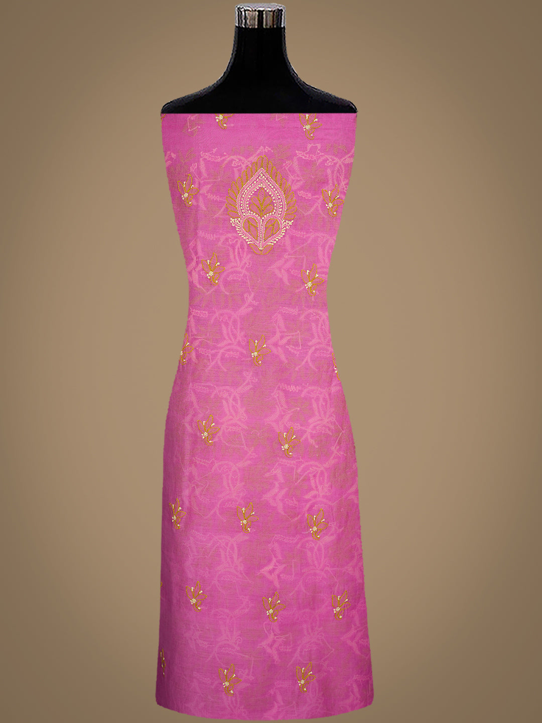 Ada Hand Embroidered Pink Chanderi Lucknowi Chikankari Unstitched Kurta Dupatta Set 01A980134