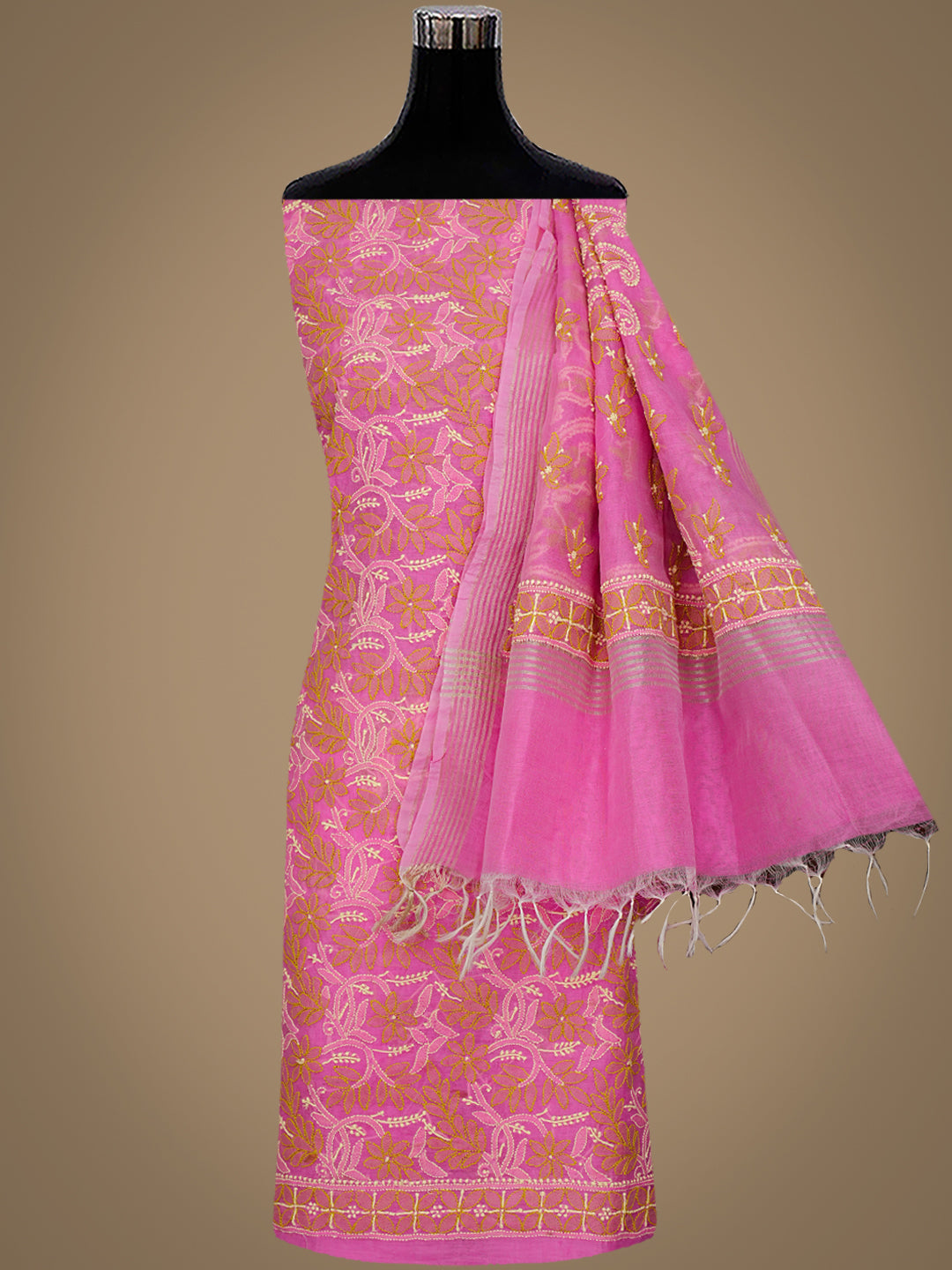Ada Hand Embroidered Pink Chanderi Lucknowi Chikankari Unstitched Kurta Dupatta Set 01A980134