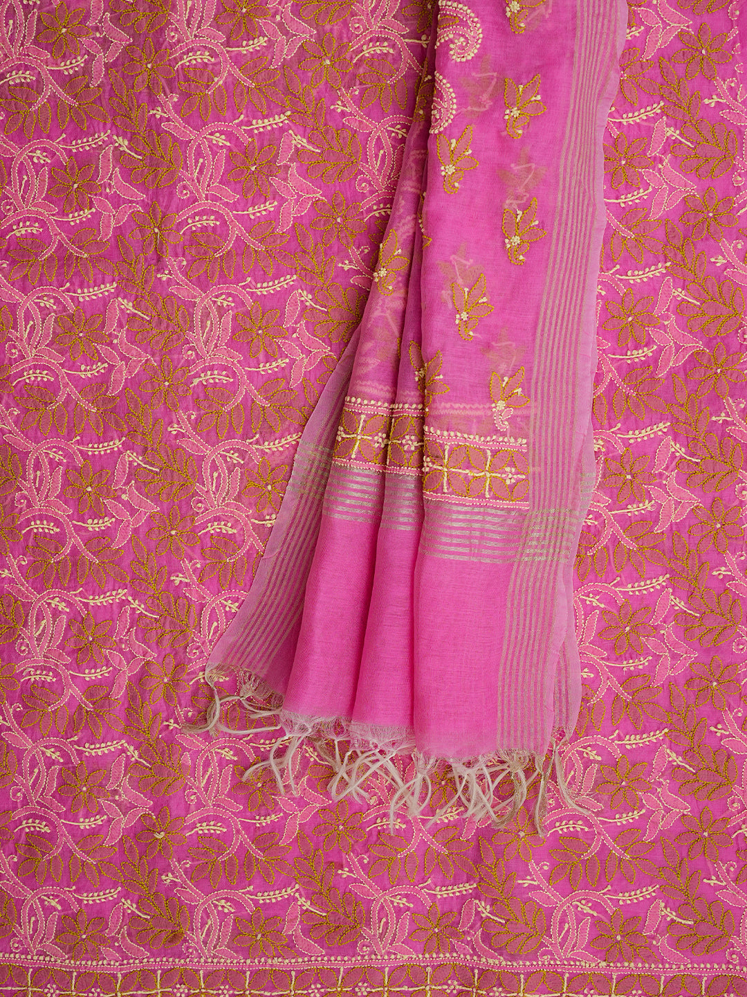 Ada Hand Embroidered Pink Chanderi Lucknowi Chikankari Unstitched Kurta Dupatta Set 01A980134