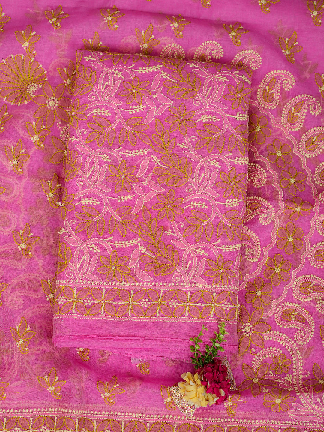 Ada Hand Embroidered Pink Chanderi Lucknowi Chikankari Unstitched Kurta Dupatta Set 01A980134