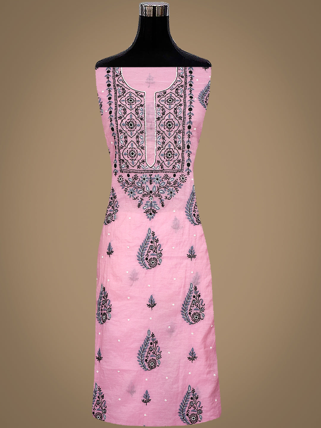 Ada Hand Embroidered Pink Chanderi Lucknowi Chikankari Unstitched Kurta Dupatta Set With Cutdana Work 01A957273
