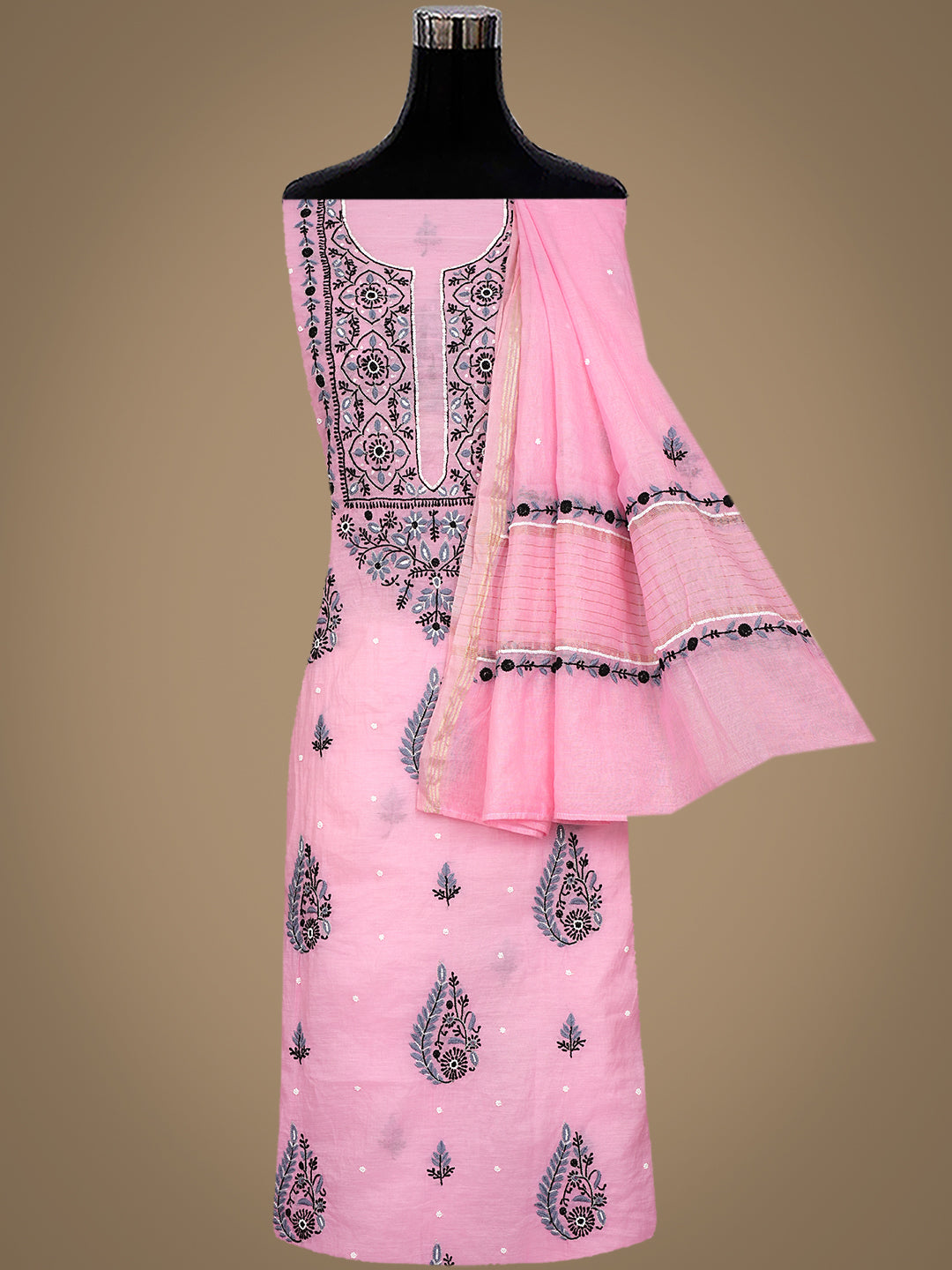 Ada Hand Embroidered Pink Chanderi Lucknowi Chikankari Unstitched Kurta Dupatta Set With Cutdana Work 01A957273