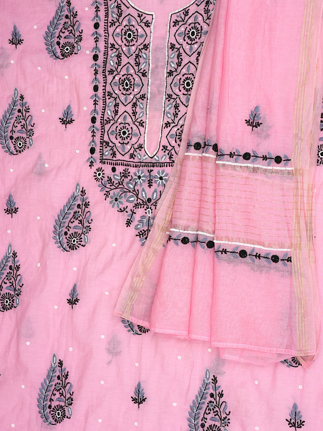 Ada Hand Embroidered Pink Chanderi Lucknowi Chikankari Unstitched Kurta Dupatta Set With Cutdana Work 01A957273