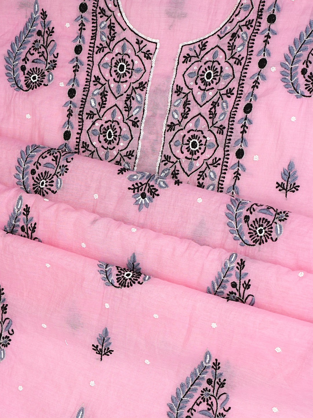 Ada Hand Embroidered Pink Chanderi Lucknowi Chikankari Unstitched Kurta Dupatta Set With Cutdana Work 01A957273