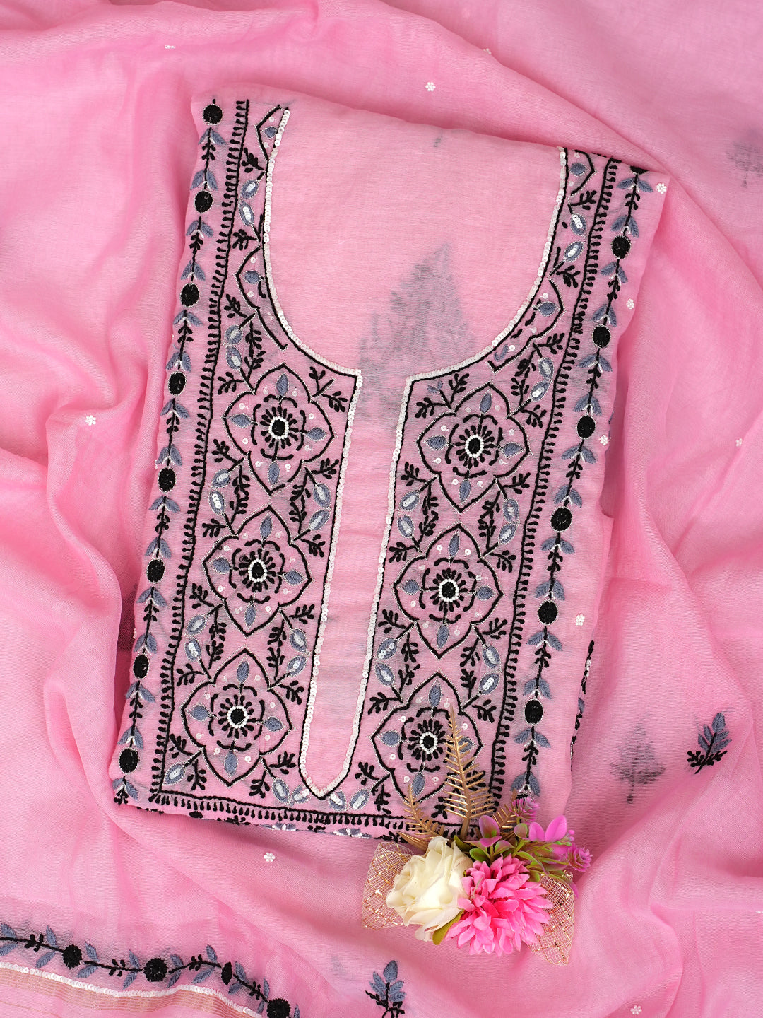 Ada Hand Embroidered Pink Chanderi Lucknowi Chikankari Unstitched Kurta Dupatta Set With Cutdana Work 01A957273