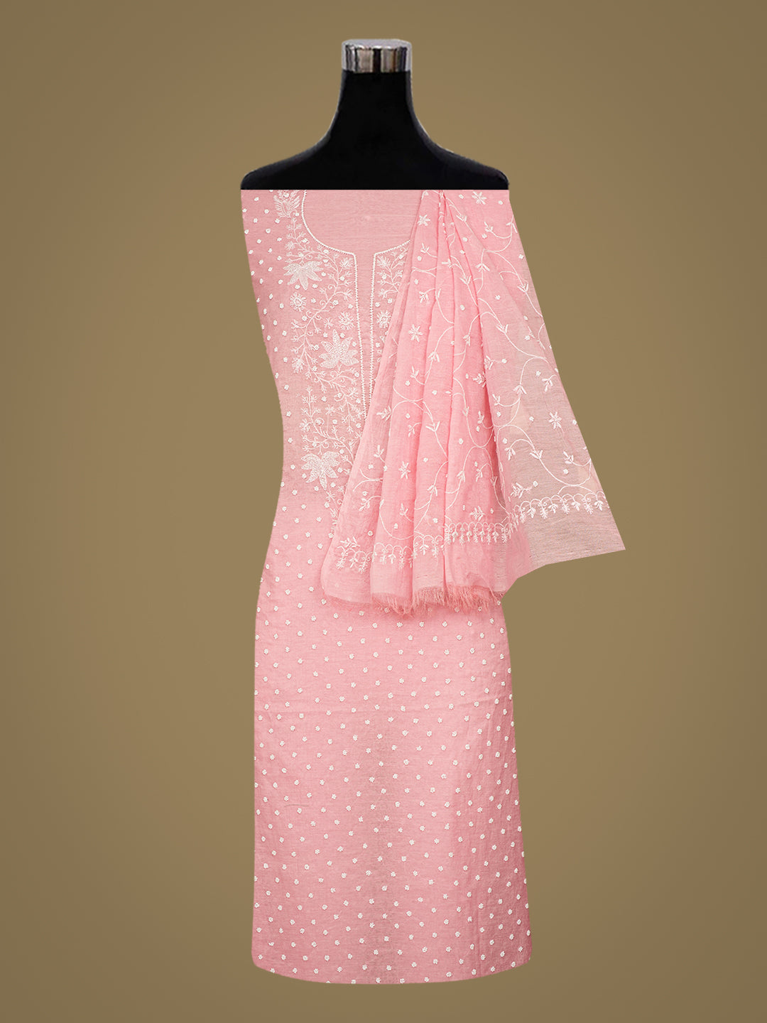 Ada Hand Embroidered Pink Chanderi Lucknowi Chikankari Unstitched Kurta Dupatta Set With Cutdana Work 01A977147