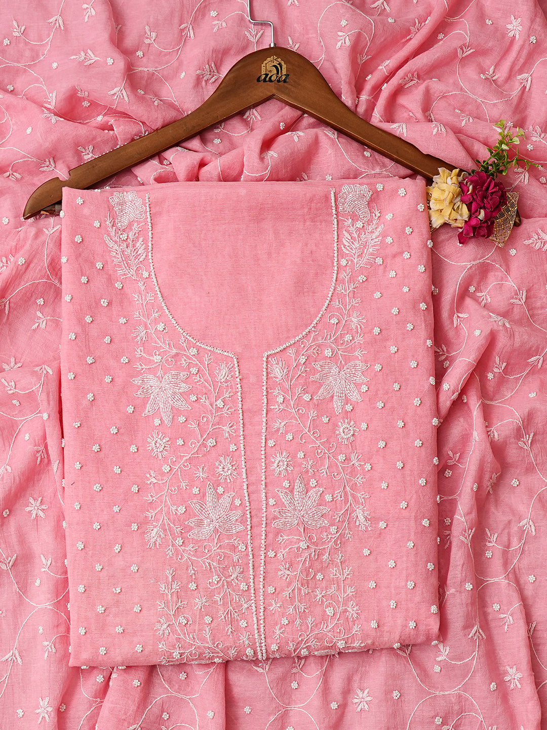 Ada Hand Embroidered Pink Chanderi Lucknowi Chikankari Unstitched Kurta Dupatta Set With Cutdana Work 01A977147