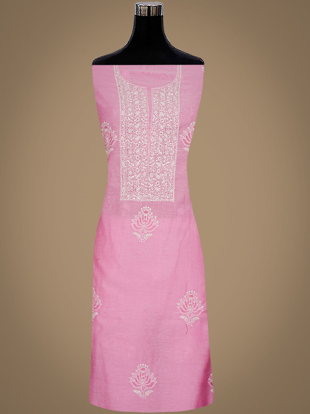 Ada Hand Embroidered Pink Chanderi Lucknowi Chikankari Unstitched Kurta Dupatta Set With Cutdana Work 01A996825