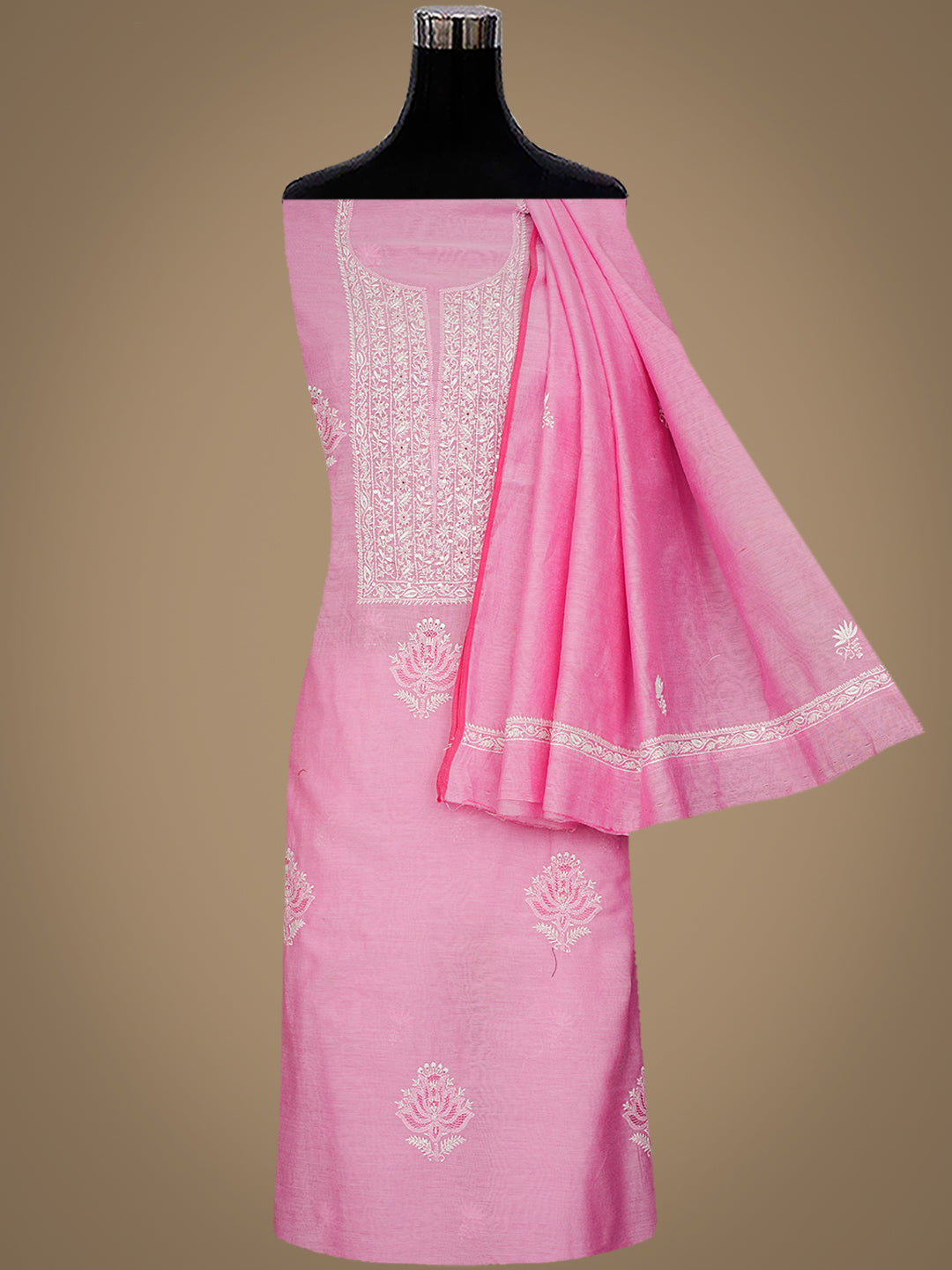 Ada Hand Embroidered Pink Chanderi Lucknowi Chikankari Unstitched Kurta Dupatta Set With Cutdana Work 01A996825