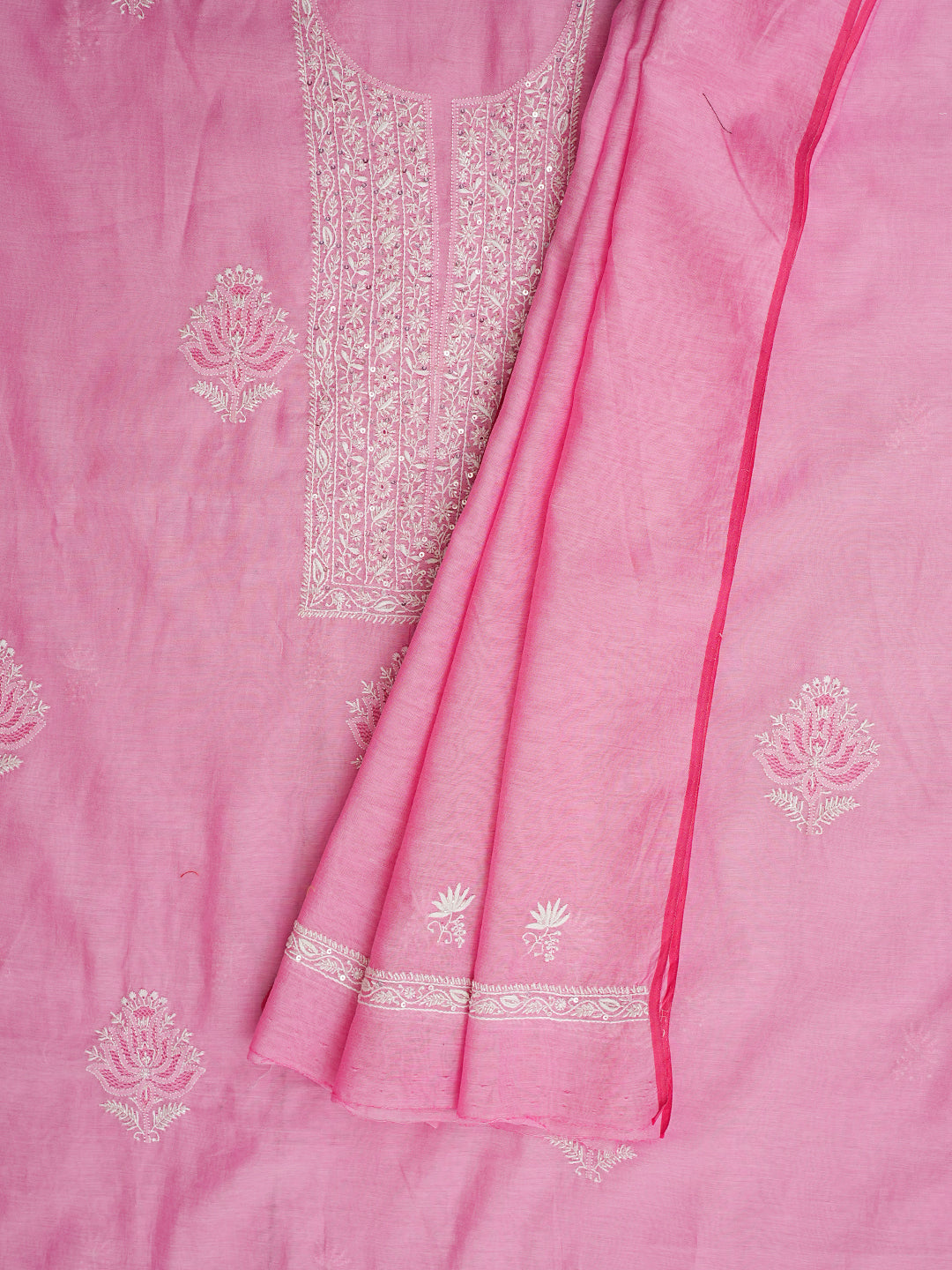 Ada Hand Embroidered Pink Chanderi Lucknowi Chikankari Unstitched Kurta Dupatta Set With Cutdana Work 01A996825