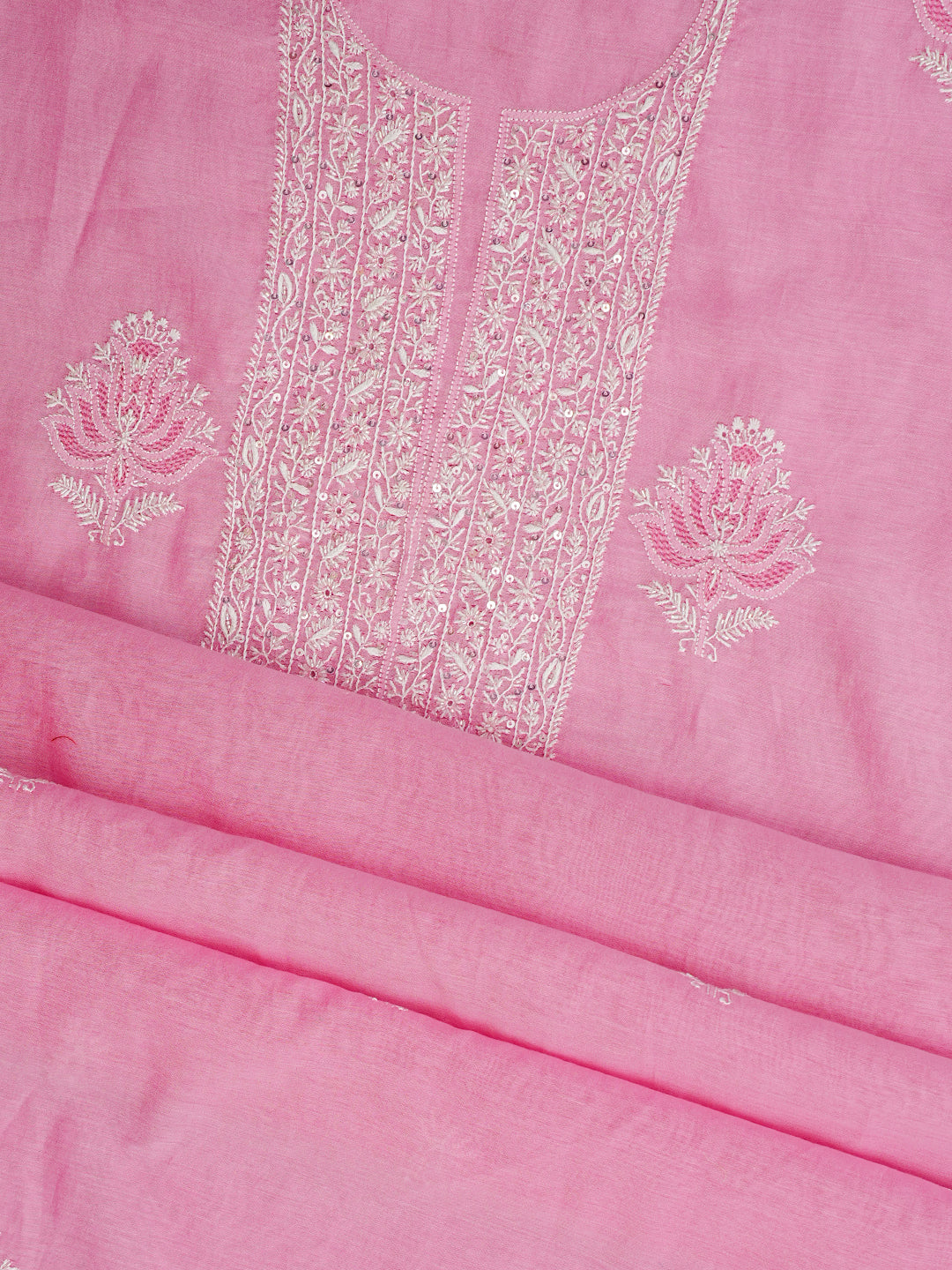 Ada Hand Embroidered Pink Chanderi Lucknowi Chikankari Unstitched Kurta Dupatta Set With Cutdana Work 01A996825