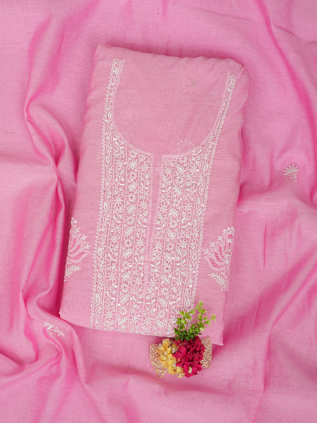 Ada Hand Embroidered Pink Chanderi Lucknowi Chikankari Unstitched Kurta Dupatta Set With Cutdana Work 01A996825