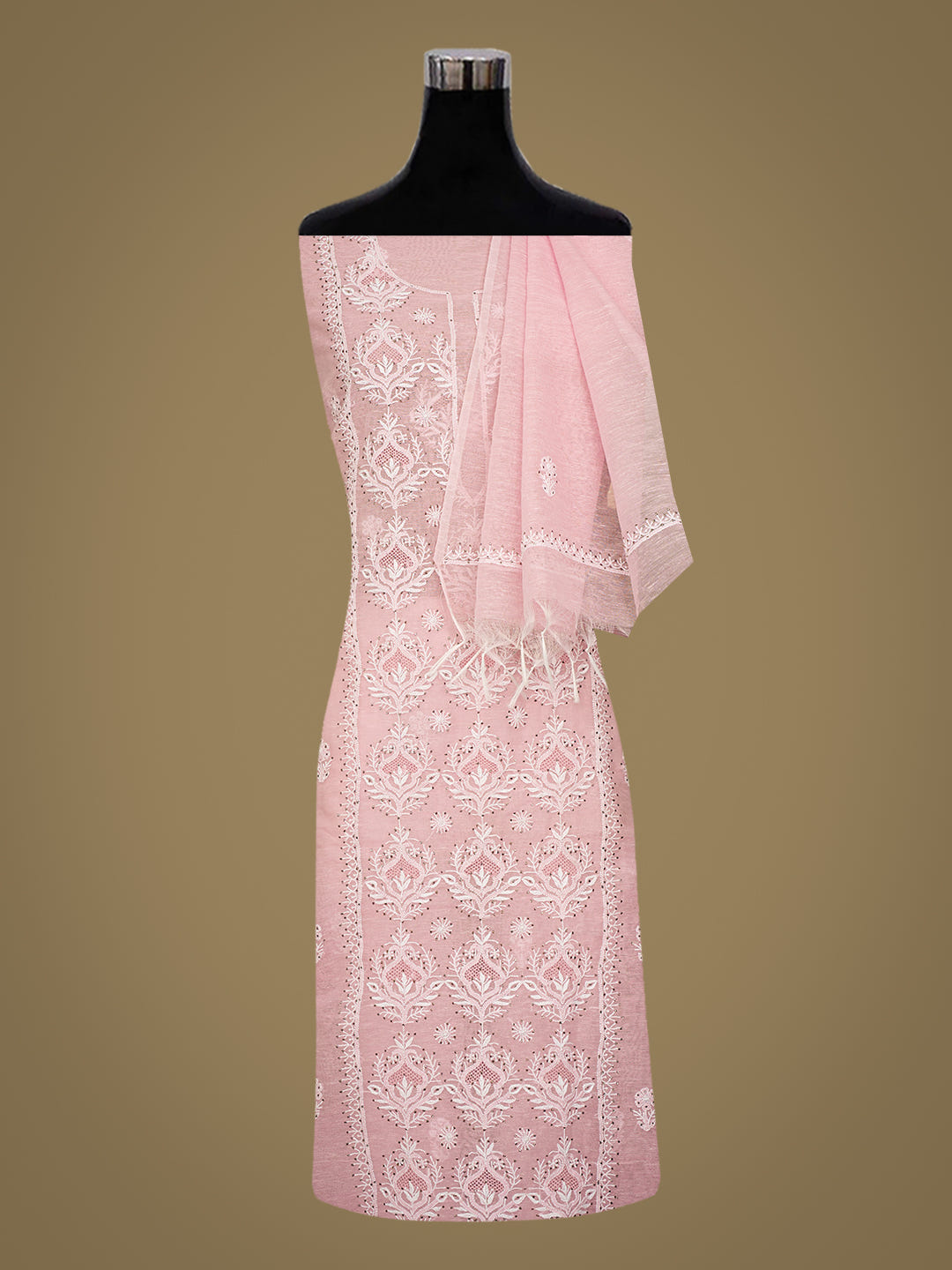 Ada Hand Embroidered Pink Chanderi Lucknowi Chikankari Unstitched Kurta Dupatta Set With Mukaish/Muqaish Work 01A744605