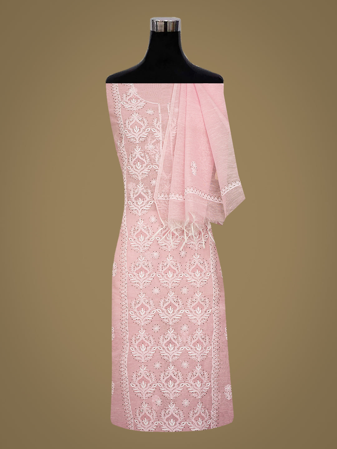 Ada Hand Embroidered Pink Chanderi Lucknowi Chikankari Unstitched Kurta Dupatta Set With Mukaish/Muqaish Work 01A744605