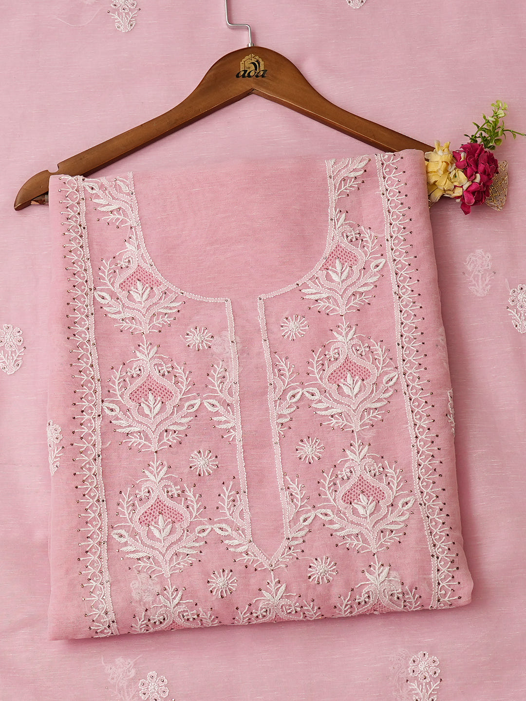 Ada Hand Embroidered Pink Chanderi Lucknowi Chikankari Unstitched Kurta Dupatta Set With Mukaish/Muqaish Work 01A744605