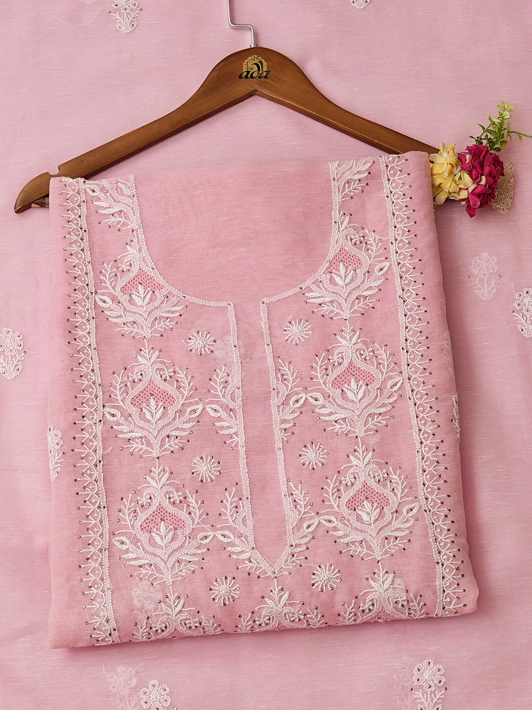 Ada Hand Embroidered Pink Chanderi Lucknowi Chikankari Unstitched Kurta Dupatta Set With Mukaish/Muqaish Work 01A744605