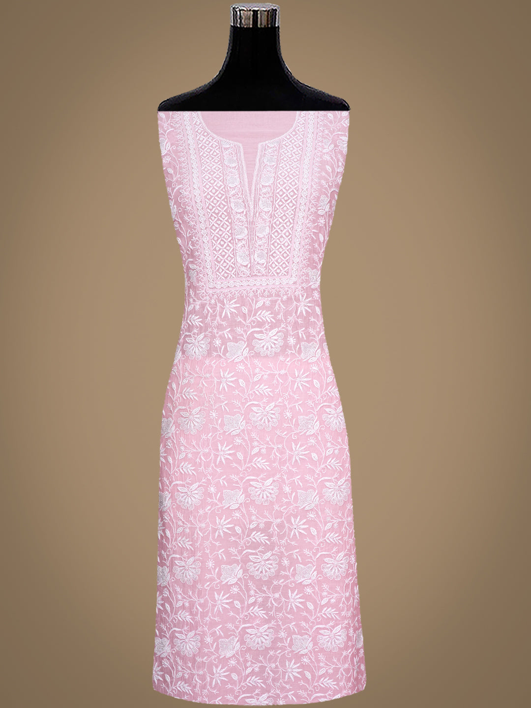 Ada Hand Embroidered Pink Chanderi Lucknowi Chikankari Unstitched Kurta Dupatta Set With Pearl Work 01A1000560
