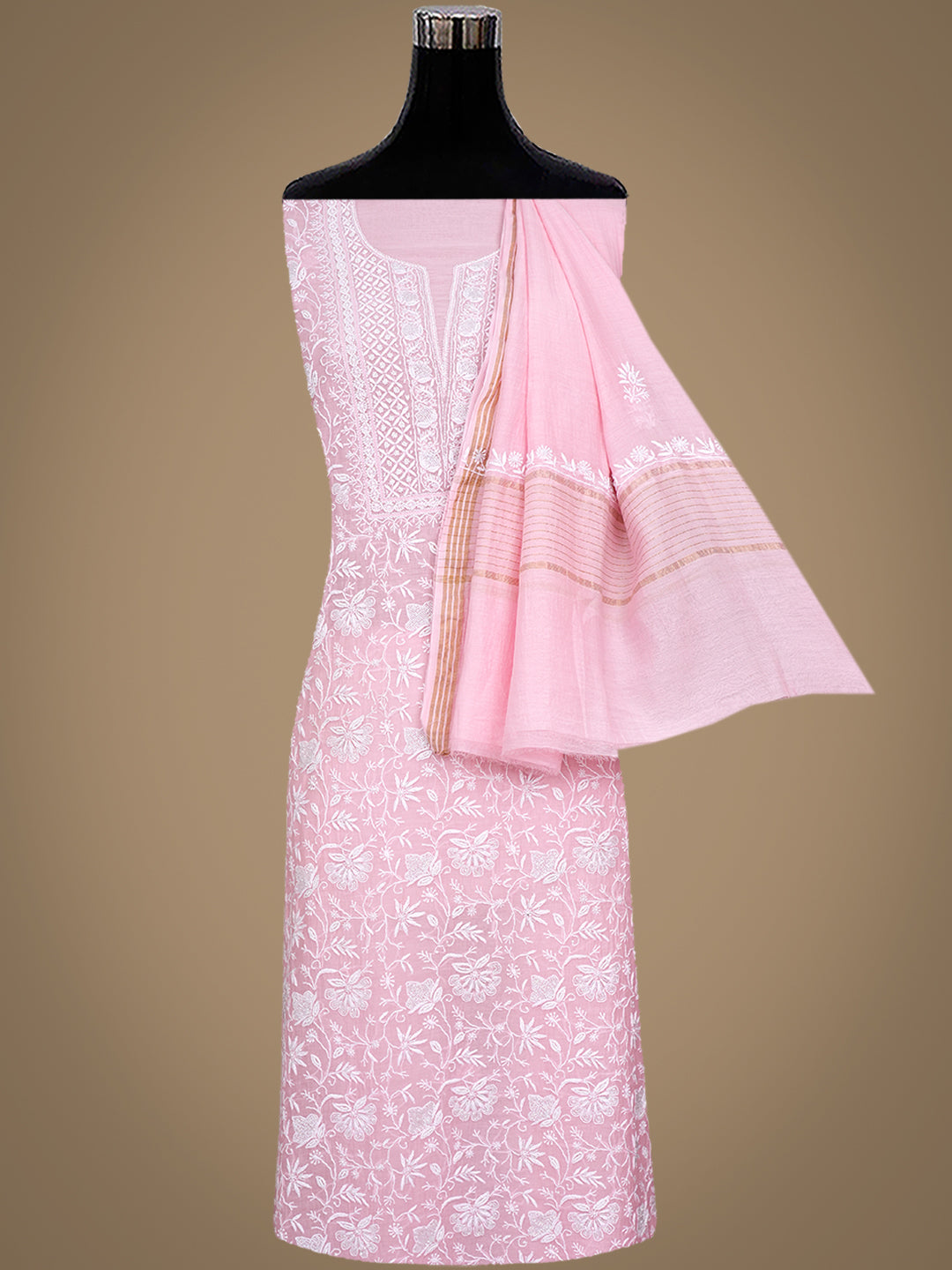Ada Hand Embroidered Pink Chanderi Lucknowi Chikankari Unstitched Kurta Dupatta Set With Pearl Work 01A1000560