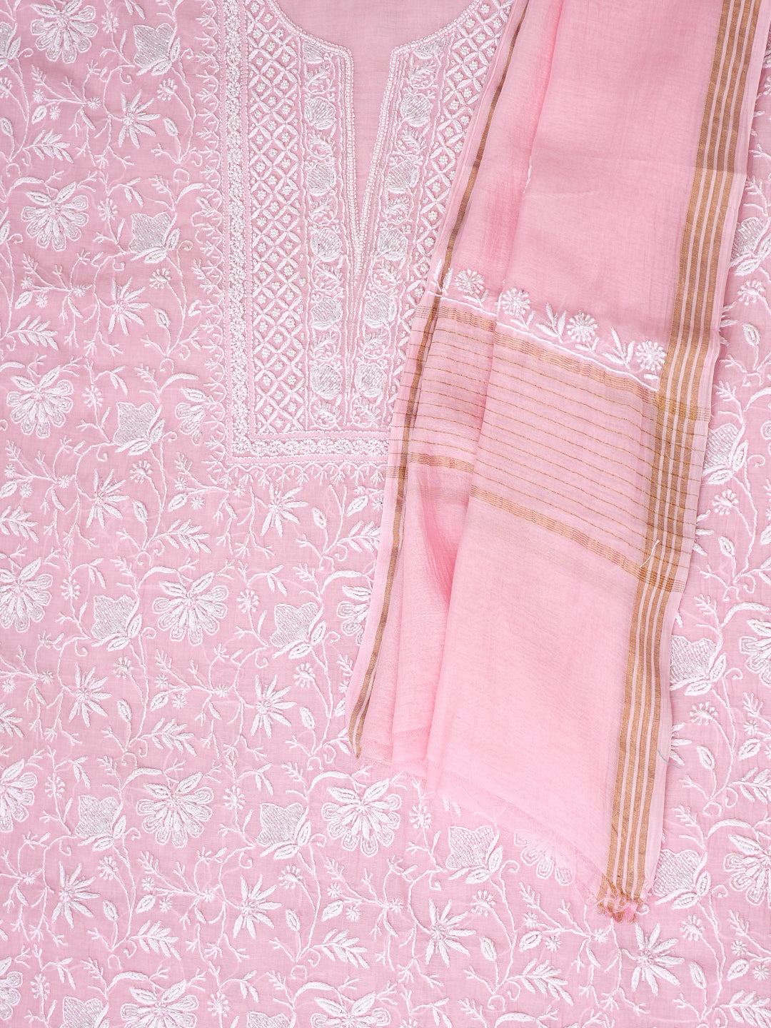 Ada Hand Embroidered Pink Chanderi Lucknowi Chikankari Unstitched Kurta Dupatta Set With Pearl Work 01A1000560