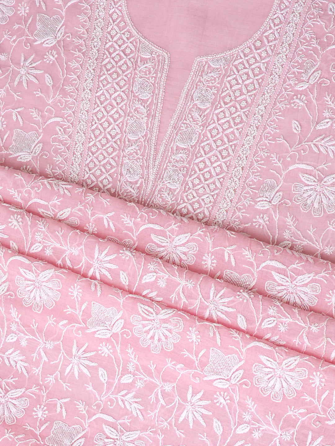 Ada Hand Embroidered Pink Chanderi Lucknowi Chikankari Unstitched Kurta Dupatta Set With Pearl Work 01A1000560