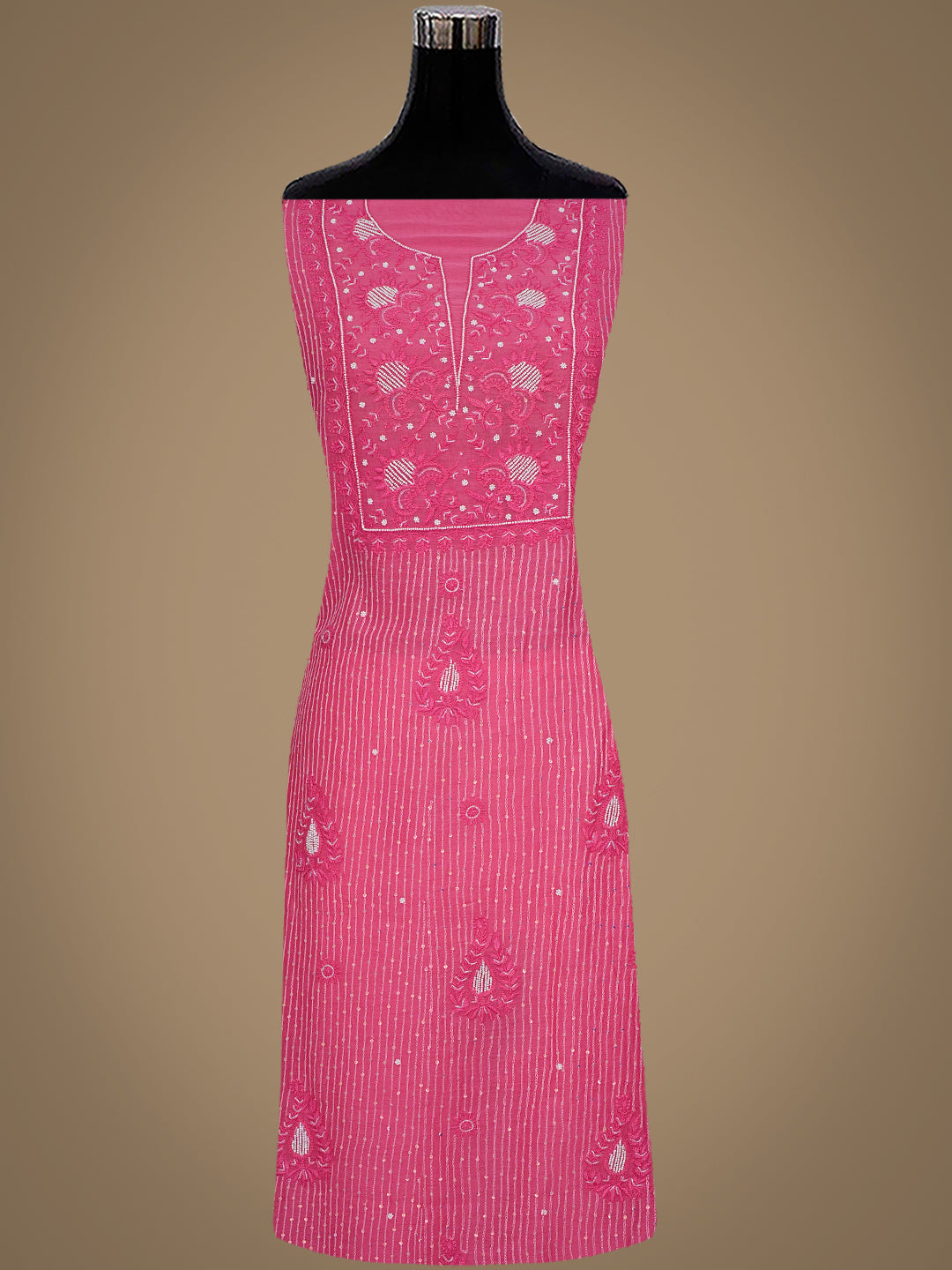 Ada Hand Embroidered Pink Chanderi Lucknowi Chikankari Unstitched Kurta Dupatta Set With Pearl Work 01A785436